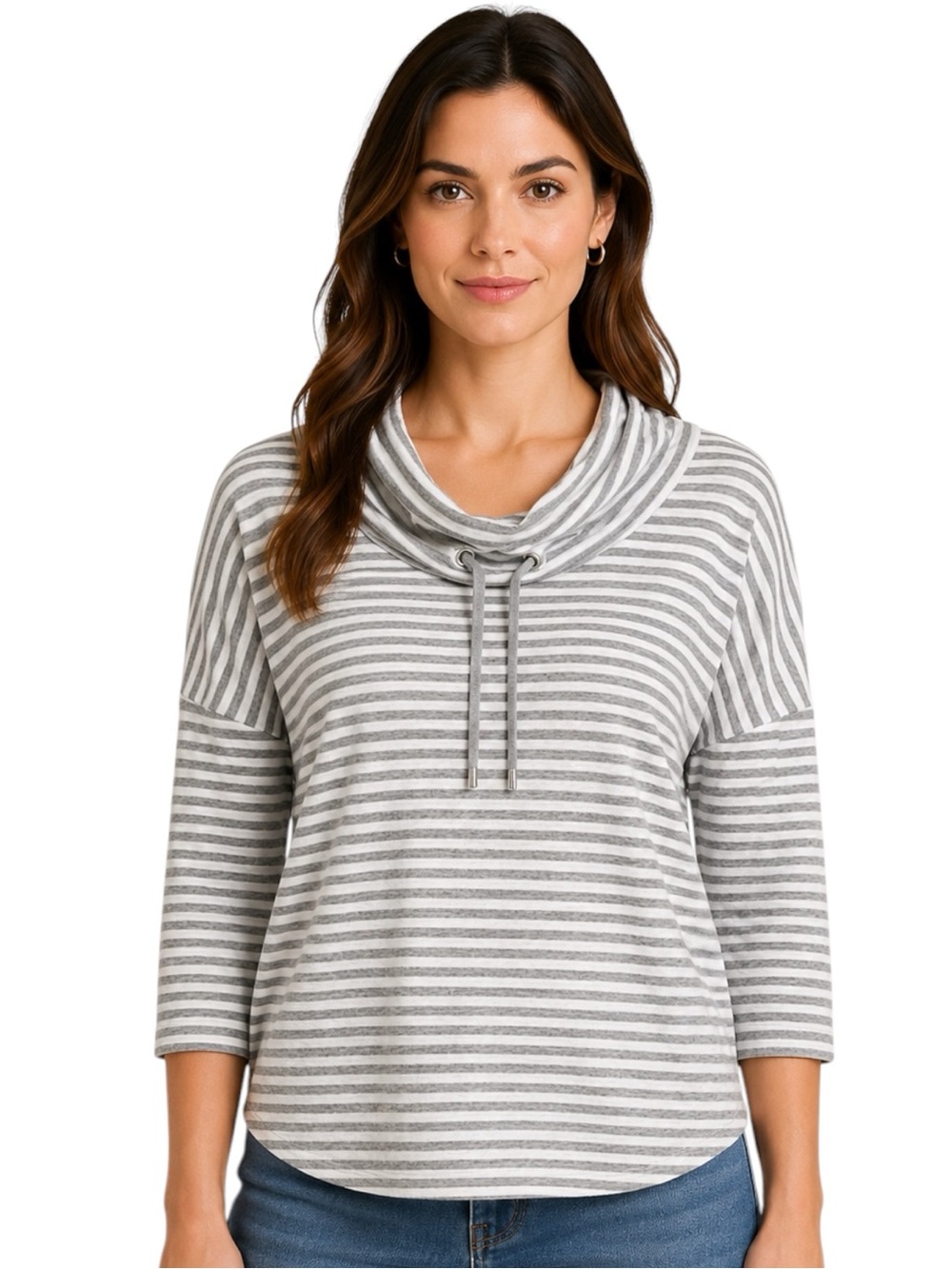 Anne Klein Gray White Striped Cowl Neck Tee Size Medium